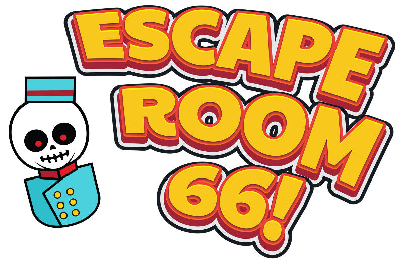 Logo for 'Escape Room 66!' with a cartoon skeleton character on a white background